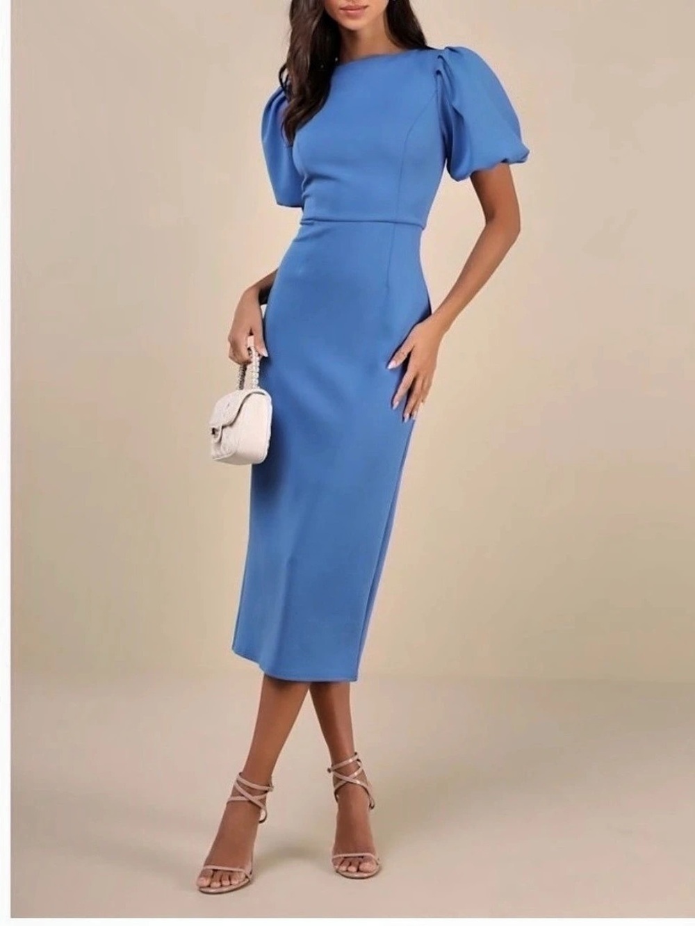 Lulus Simply Beloved Blue Puff Sleeve Bodycon Midi Dress Blue Midi Puff Sleeve